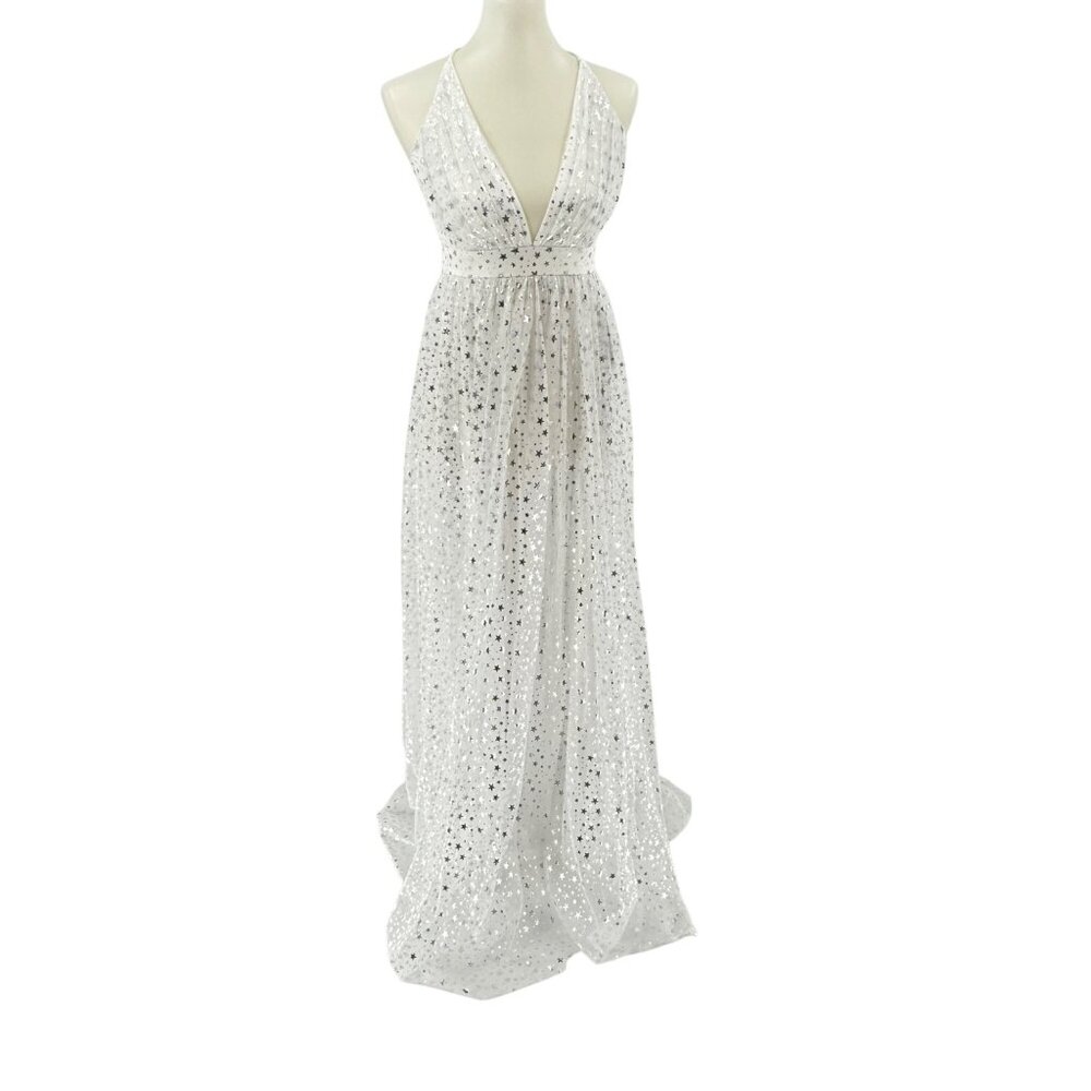 Alyce Paris White Starry Sequin Gown With Deep V-Neck & Cross Strap Back S